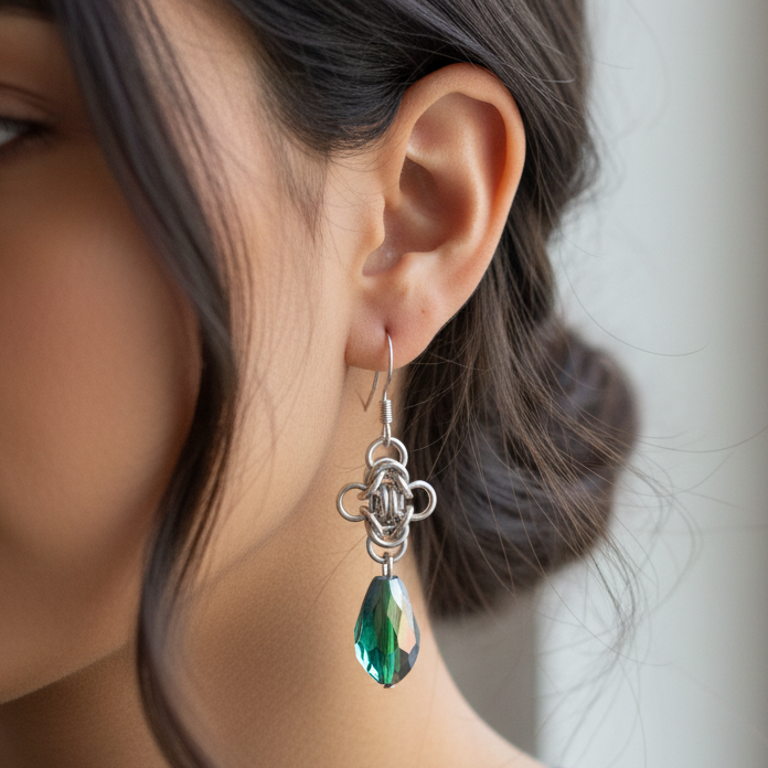 Byzantine Teal Crystal Earrings on Model