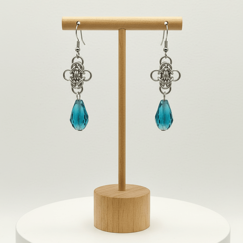 Stainless Steel Byzantine Earrings | Iridescent Teal Blue Crystal Drop Chainmail Earrings - Gray Cat Manor Designs