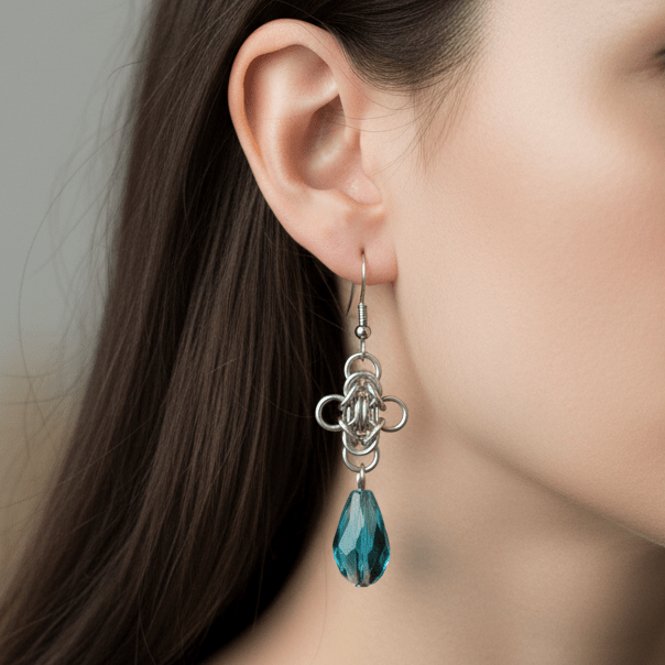 Stainless Steel Byzantine Earrings | Iridescent Teal Blue Crystal Drop Chainmail Earrings - Gray Cat Manor Designs