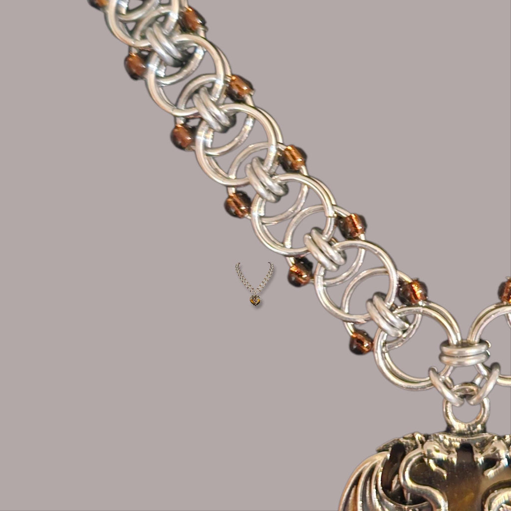 Tiger's Eye Dragon Heart Chainmail Choker | Silver Helm Weave with Topaz Beads - Gray Cat Manor Designs