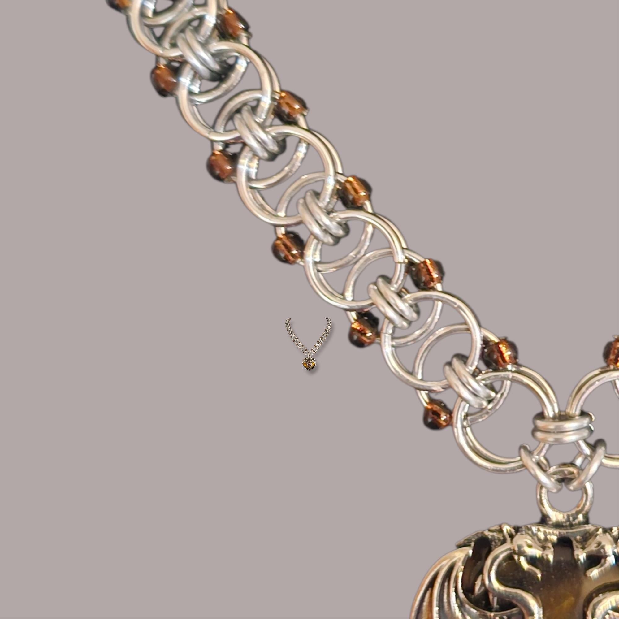 Tiger's Eye Dragon Heart Chainmail Choker | Silver Helm Weave with Topaz Beads - Gray Cat Manor Designs