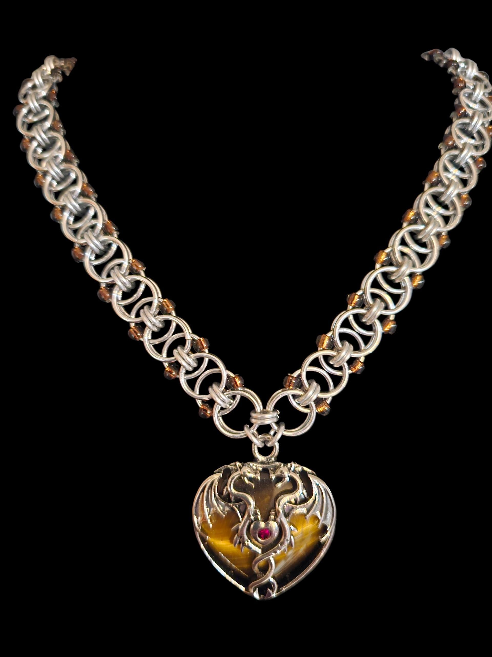 Tiger's Eye Dragon Heart Chainmail Choker | Silver Helm Weave with Topaz Beads - Gray Cat Manor Designs
