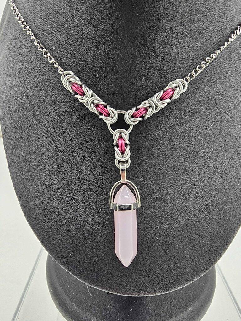 Rose Quartz Crystal Chainmail Choker Necklace | Silver & Pink Byzantine Weave