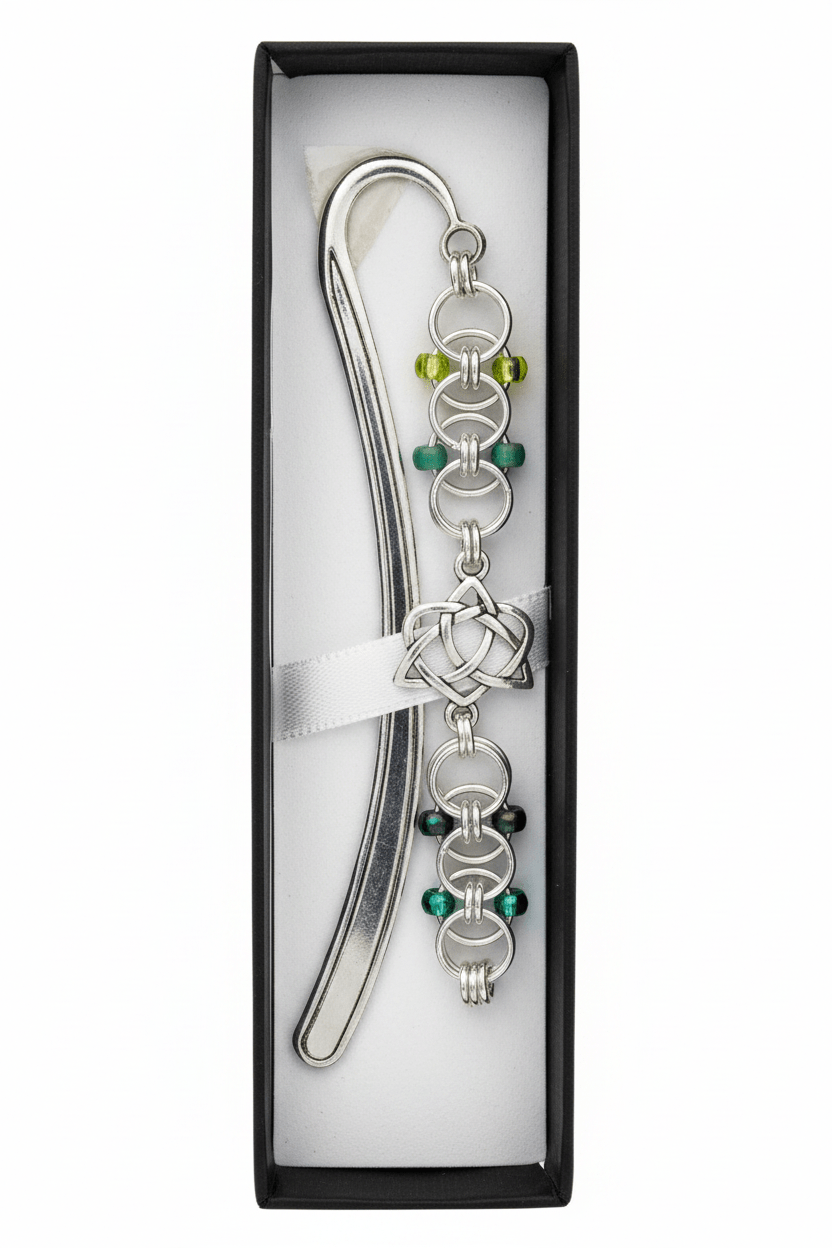 Chainmail Bookmark | Helm Weave with Celtic Heart Charm | Gift Boxed - Gray Cat Manor Designs