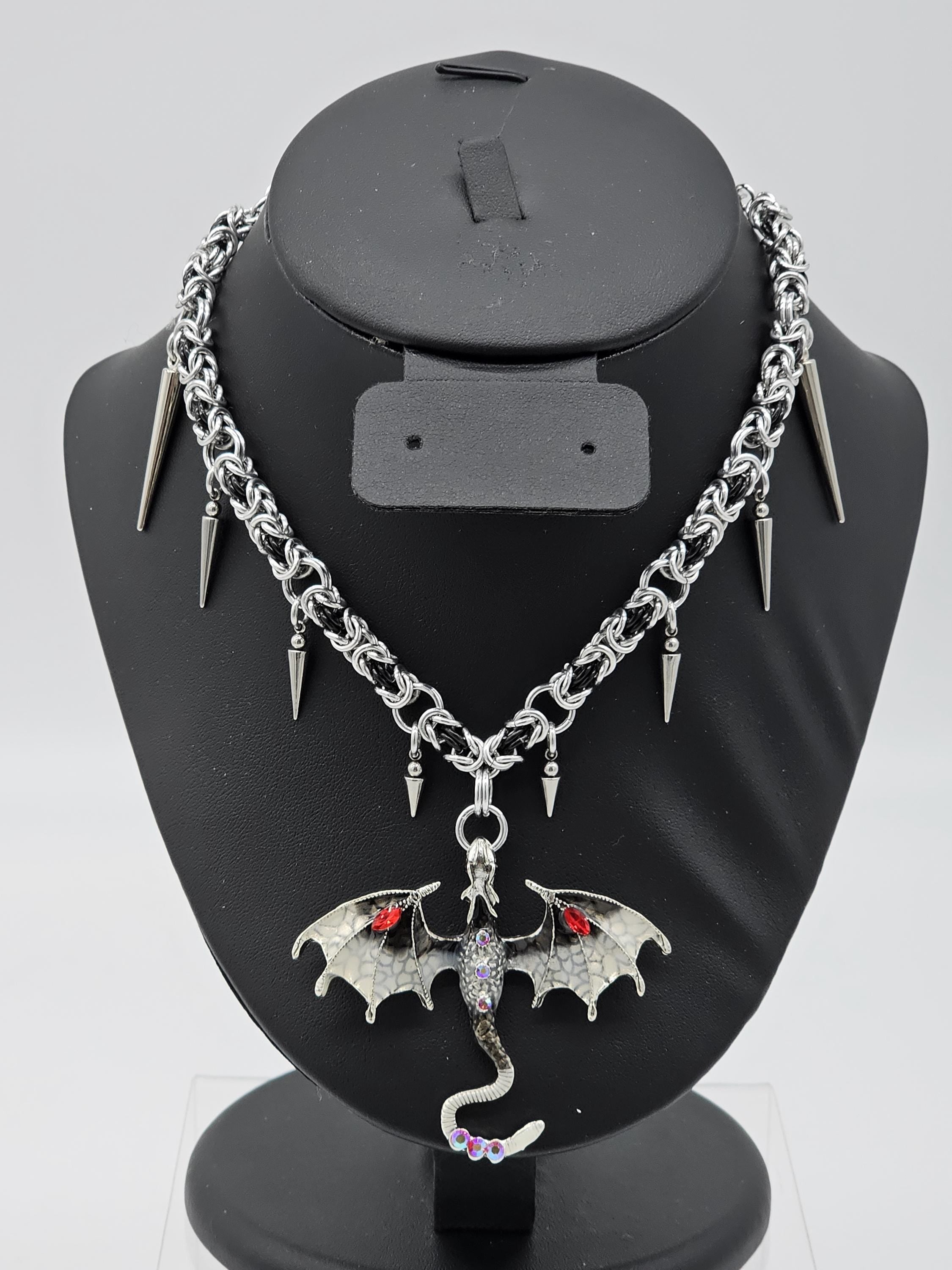 Black & Silver Byzantine Chainmail Dragon Choker | Spiked Handmade Statement Necklace - Gray Cat Manor Designs