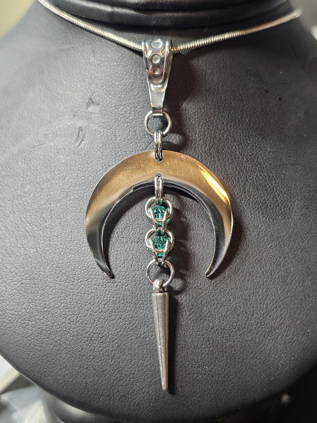 Crescent Moon Goddess Chainmail Necklace | Stainless Steel Crystal Bead Spike Pendant