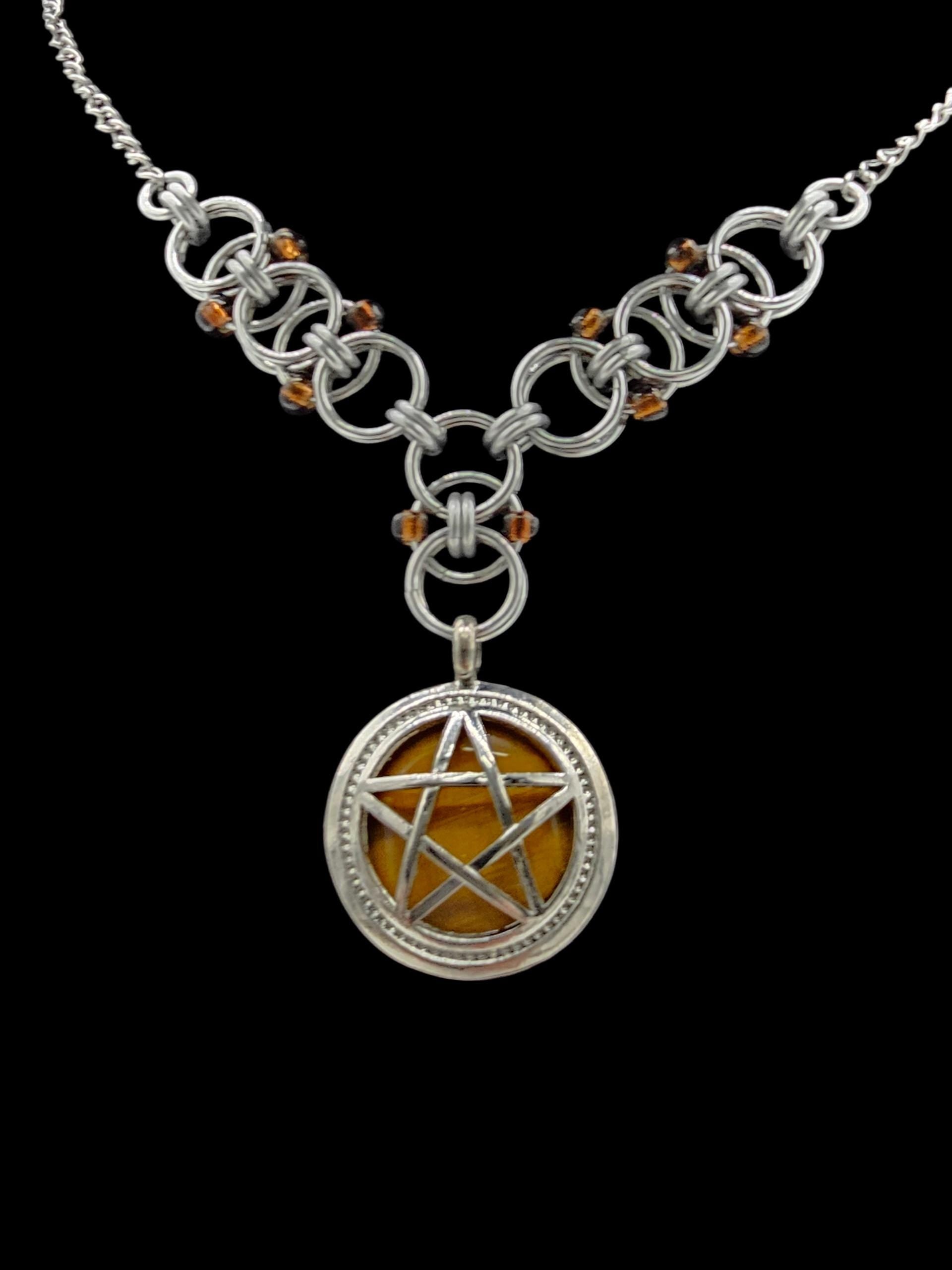 Tiger's Eye Pentacle with Beaded Helm Weave Chainmail Necklace Choker - Gray Cat Manor Designs