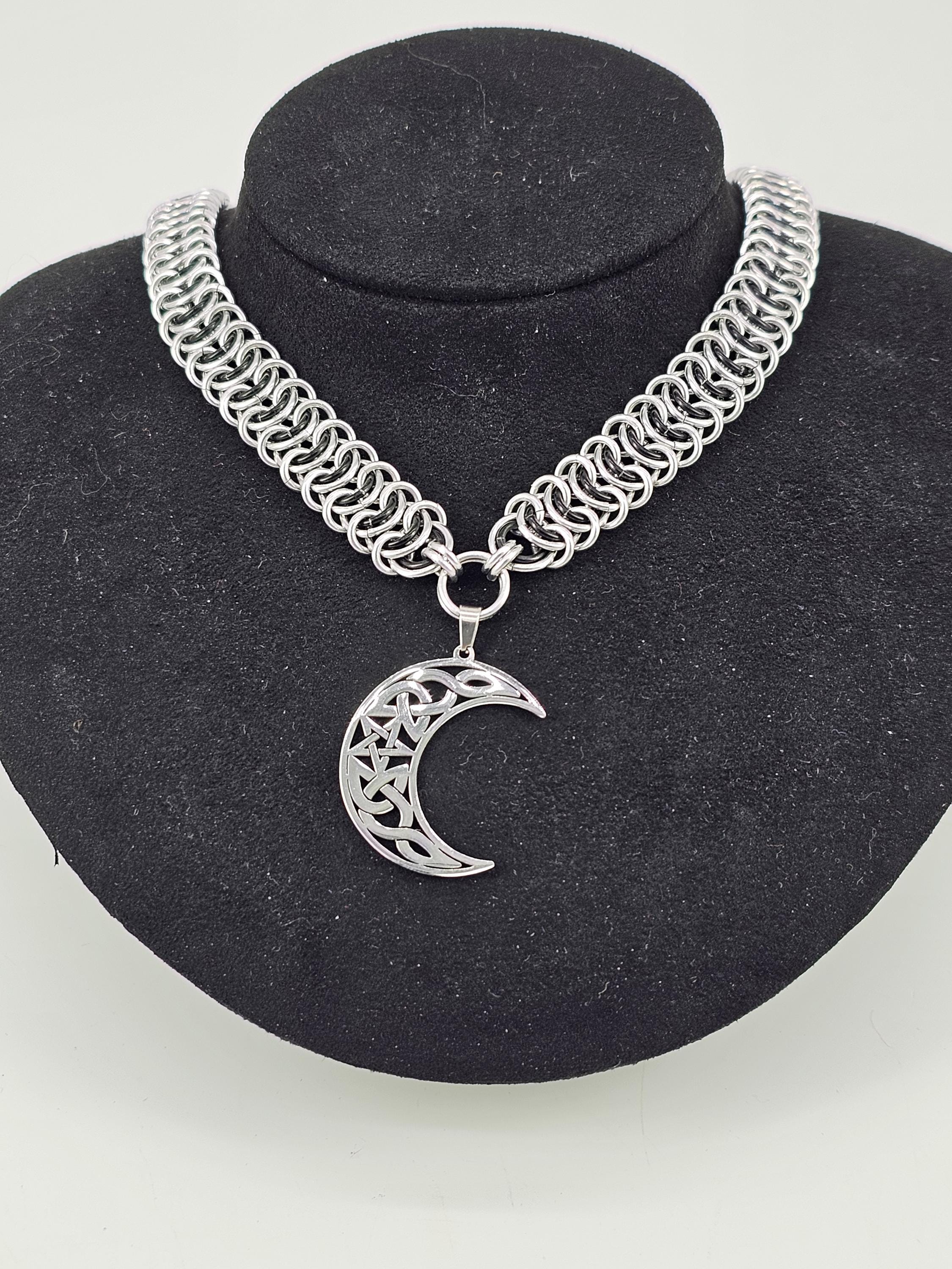 Crescent Moon Chainmail Choker | Vertebrae Weave Witchy Celestial Necklace