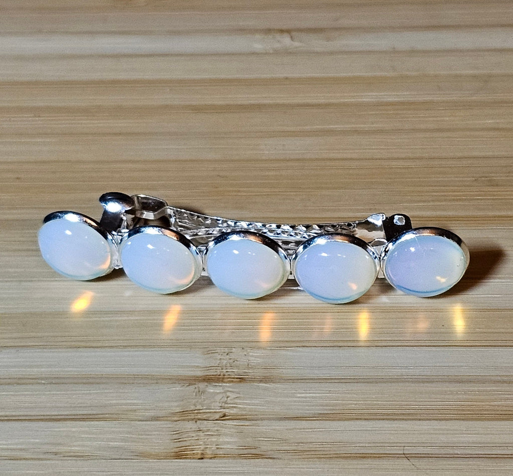Opalite Cabochon French Barrette | Silver Stainless Steel Hair Clip 60mm
