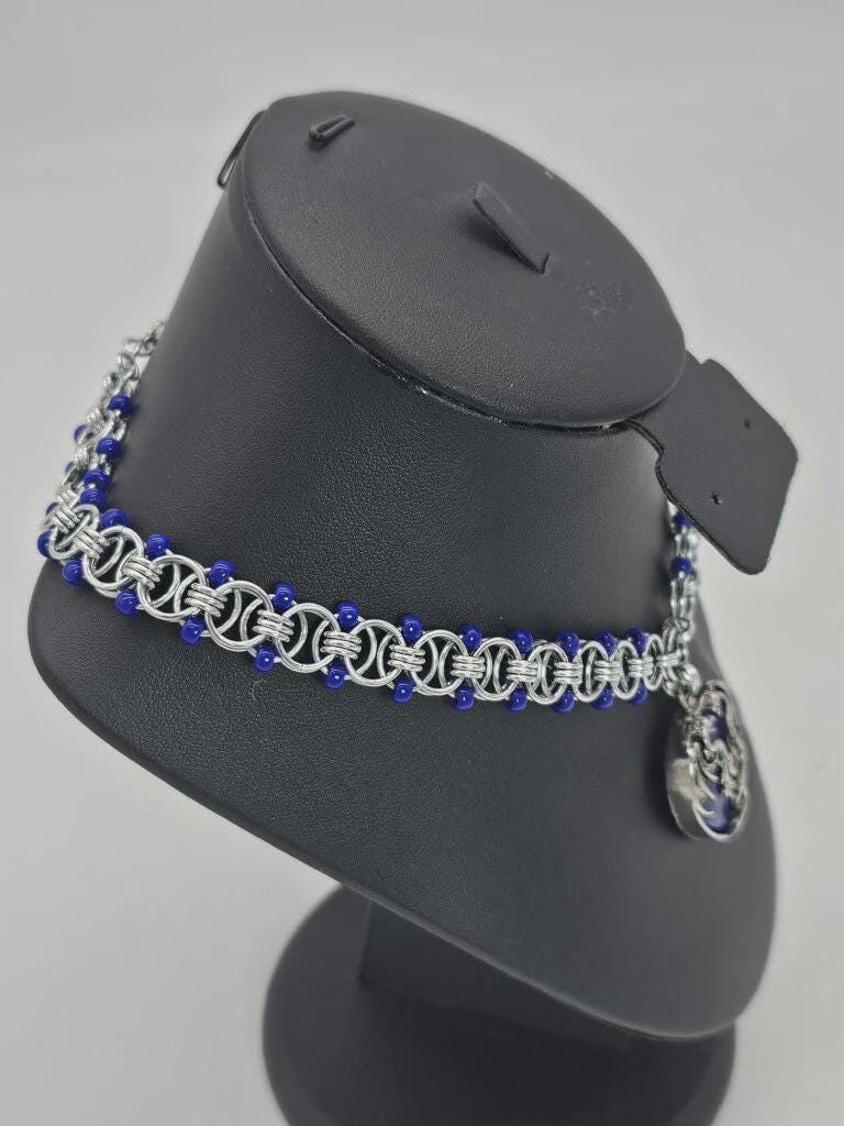 Blue Dragon Heart Chainmail Choker | Lapis Lazuli & Cobalt Helm Weave Necklace - Gray Cat Manor Designs
