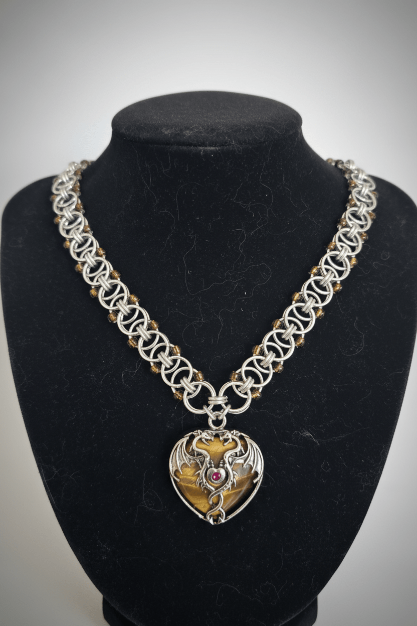 Tiger's Eye Dragon Heart Chainmail Choker | Silver Helm Weave with Topaz Beads - Gray Cat Manor Designs