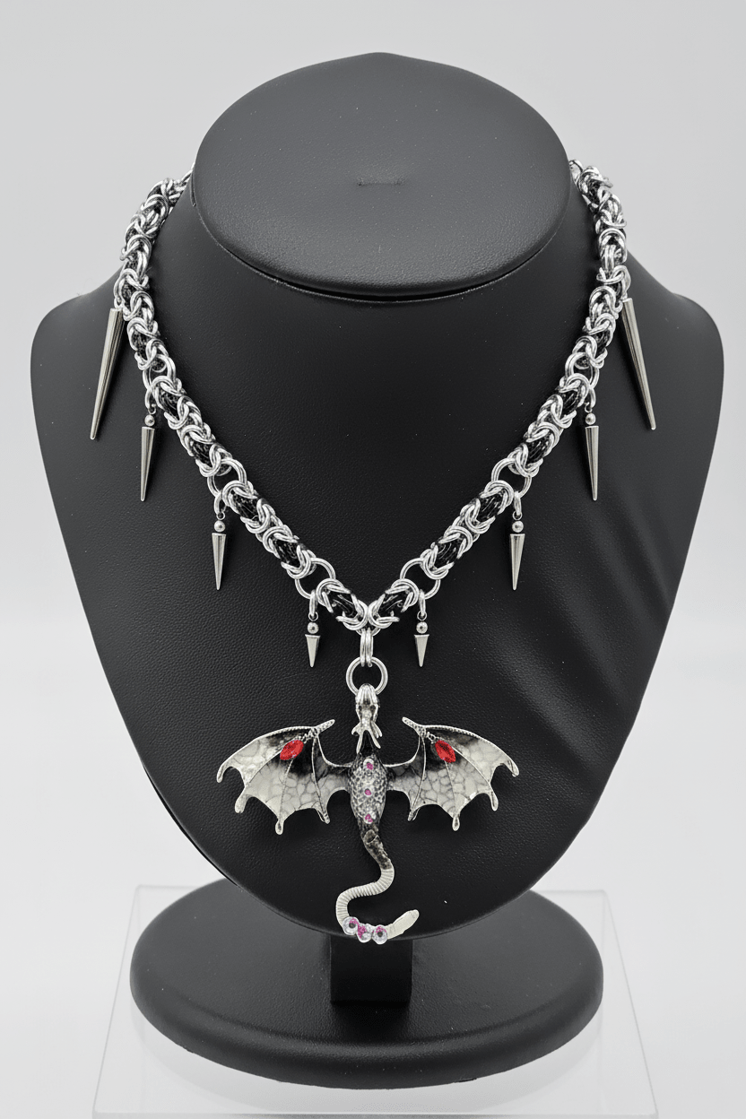 Black & Silver Byzantine Chainmail Dragon Choker | Spiked Handmade Statement Necklace - Gray Cat Manor Designs