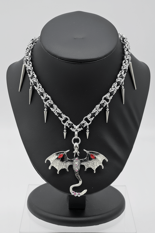 Black & Silver Byzantine Chainmail Dragon Choker | Spiked Handmade Statement Necklace - Gray Cat Manor Designs