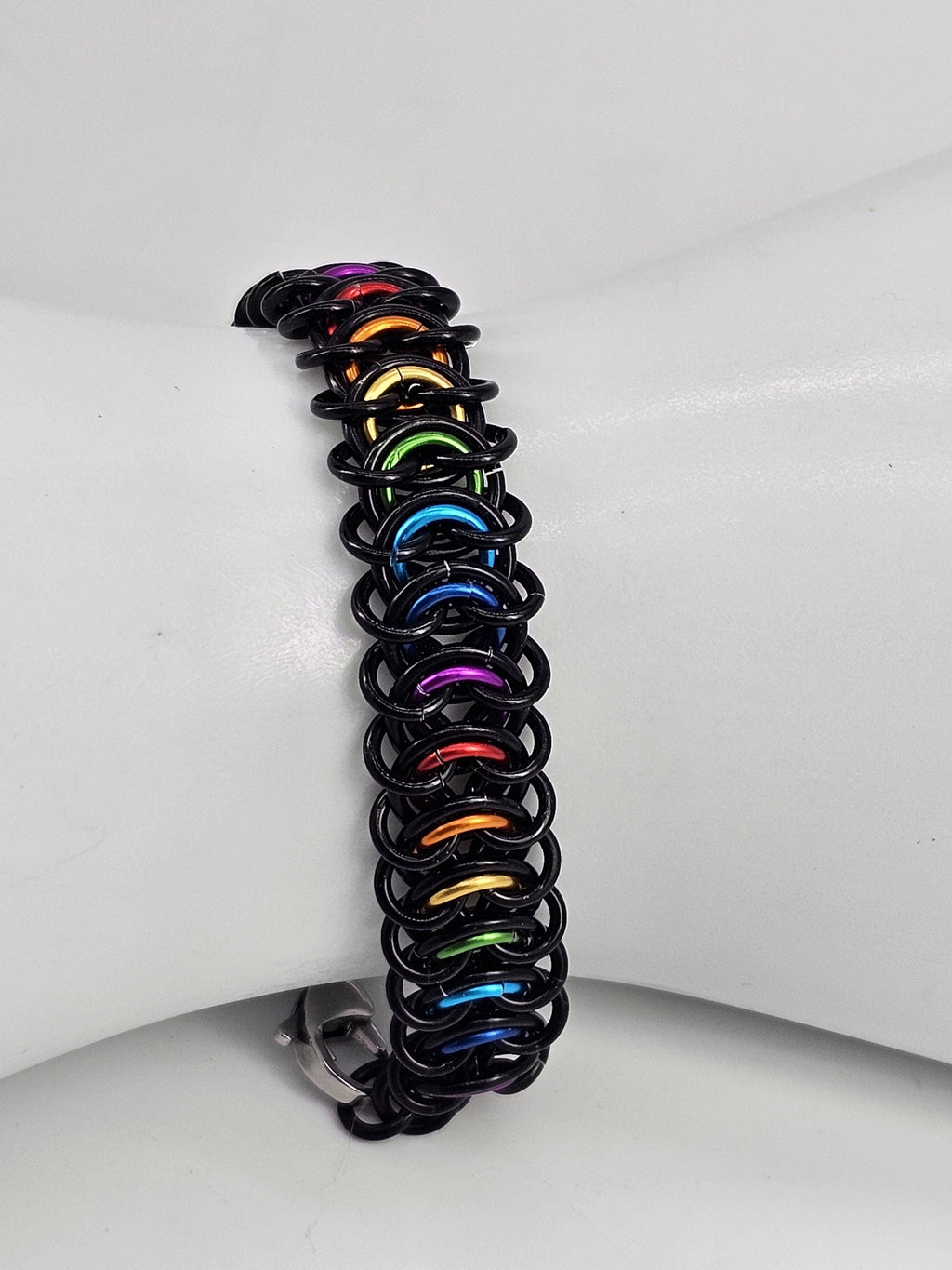 LGBTQIA Pride Chainmail Bracelet & Anklet | Black & Rainbow Vertebrae Weave - Gray Cat Manor Designs