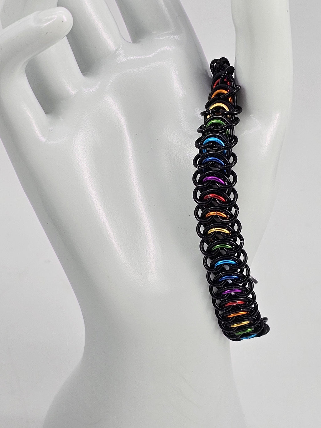 LGBTQIA Pride Chainmail Bracelet & Anklet | Black & Rainbow Vertebrae Weave - Gray Cat Manor Designs