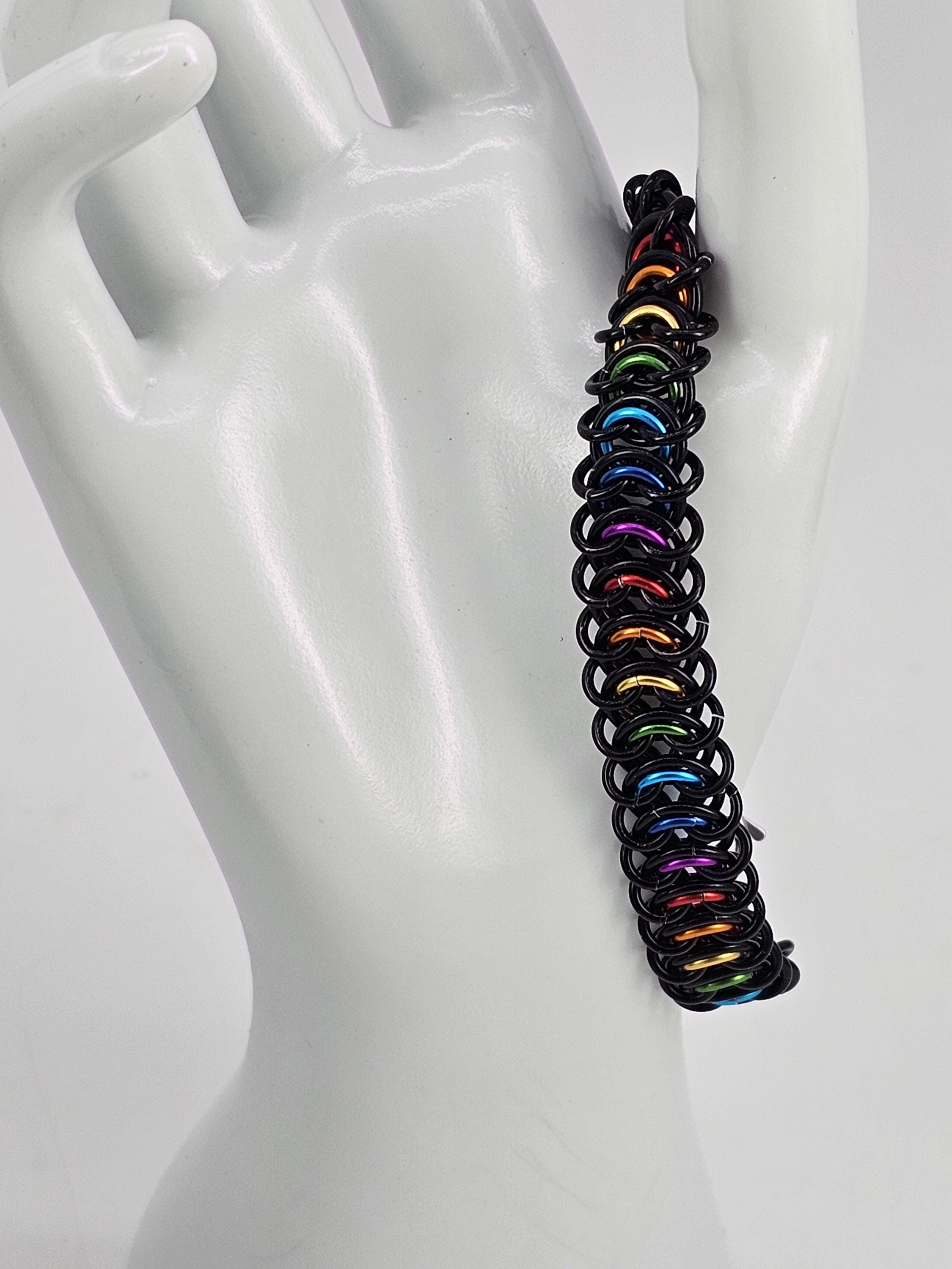 LGBTQIA Pride Chainmail Bracelet & Anklet | Black & Rainbow Vertebrae Weave