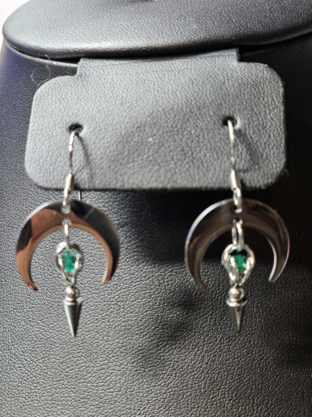 Crescent Moon Goddess Earrings | Stainless Steel Spike & Crystal Caged Bead – Custom Color