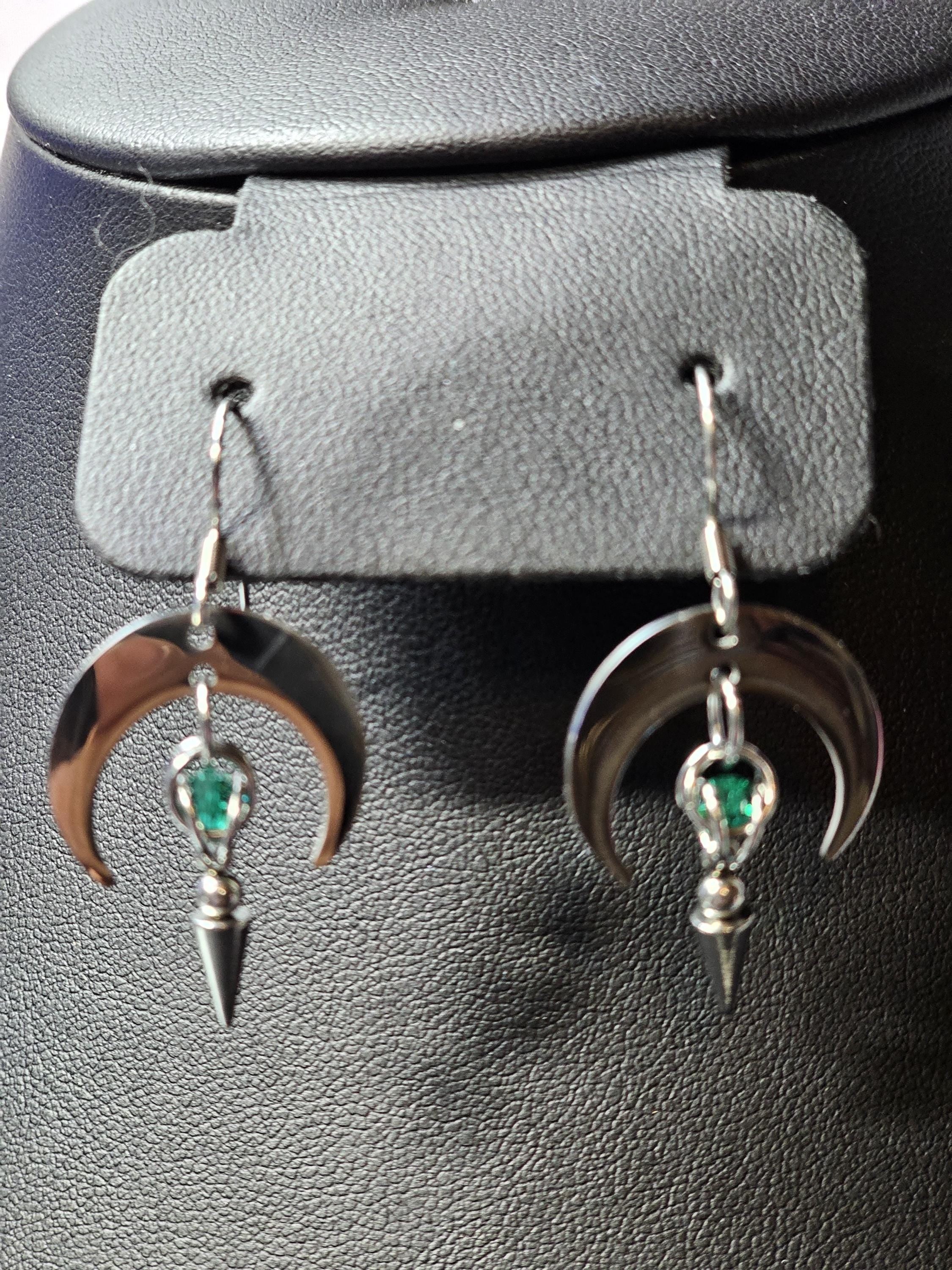 Crescent Moon Goddess Earrings | Stainless Steel Spike & Crystal Caged Bead – Custom Color