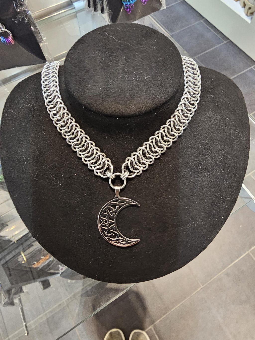 Crescent Moon Chainmail Choker | Vertebrae Weave Witchy Celestial Necklace