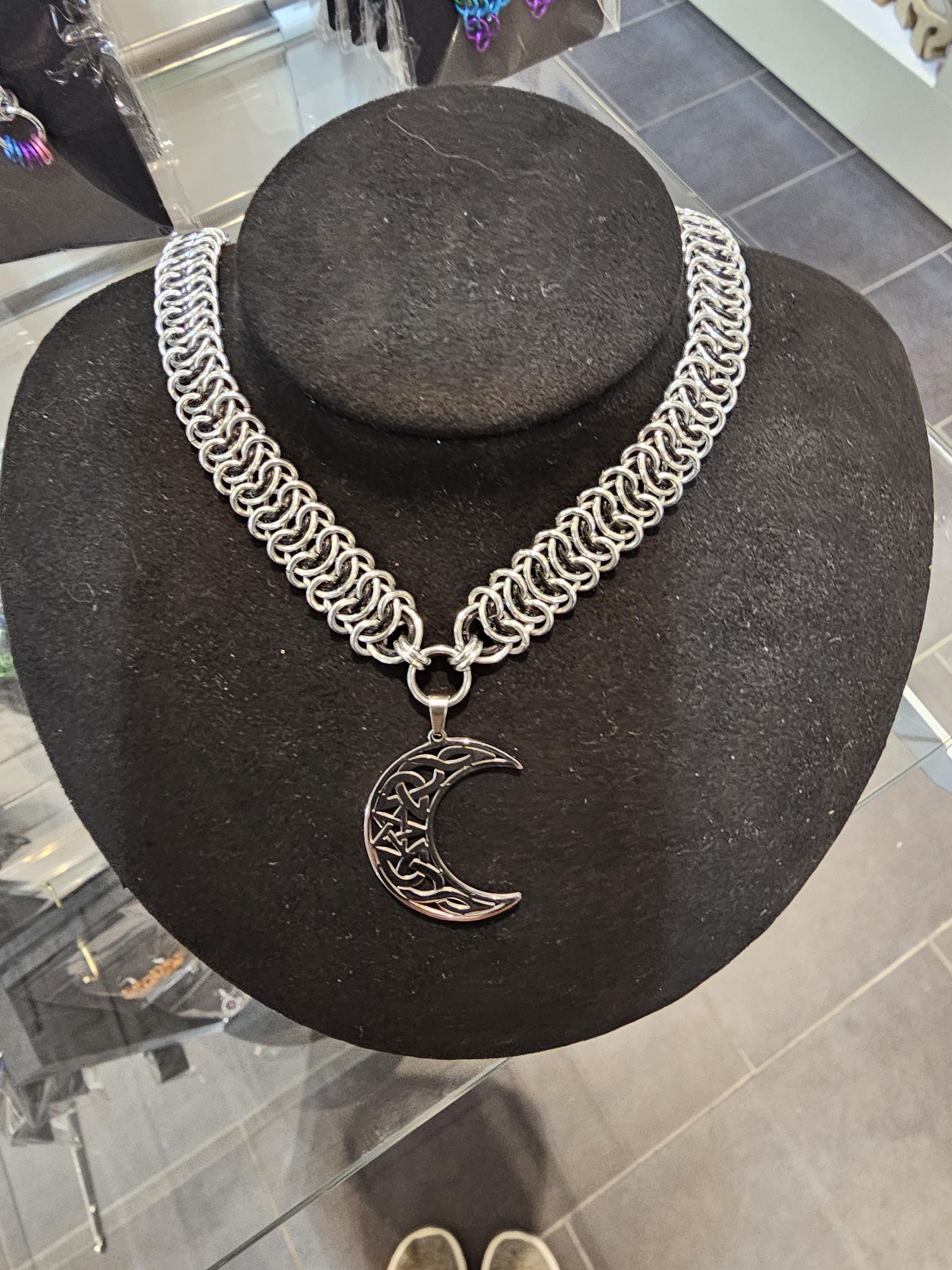 Crescent Moon Chainmail Choker | Vertebrae Weave Witchy Celestial Necklace