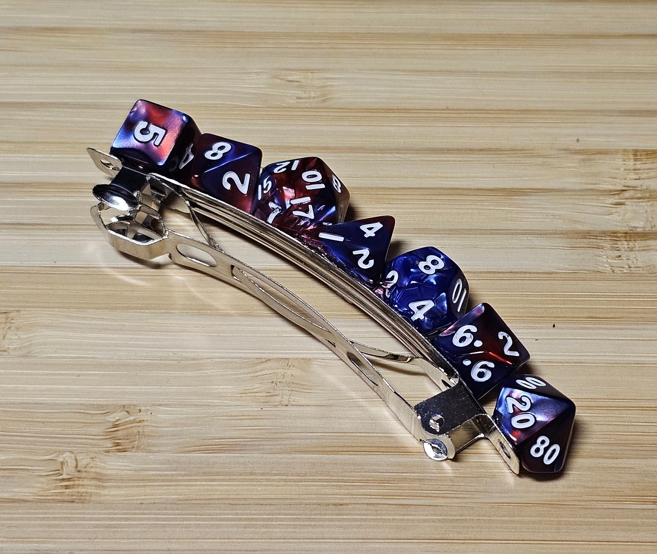 Polyhedral Dice Hair Barrette | Red & Blue Marbled D&D Gamer Hair Clip Full Dice Set