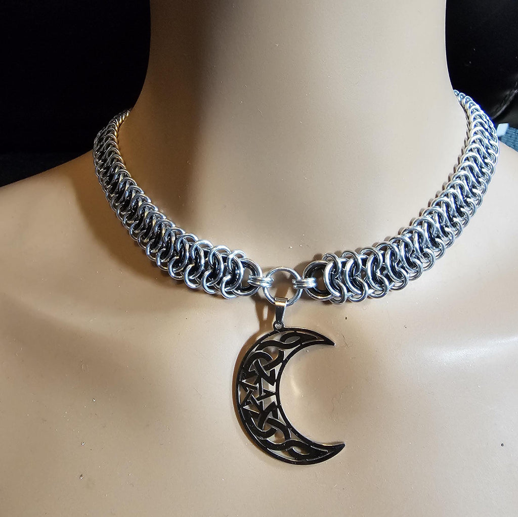 Crescent Moon Chainmail Choker | Vertebrae Weave Witchy Celestial Necklace