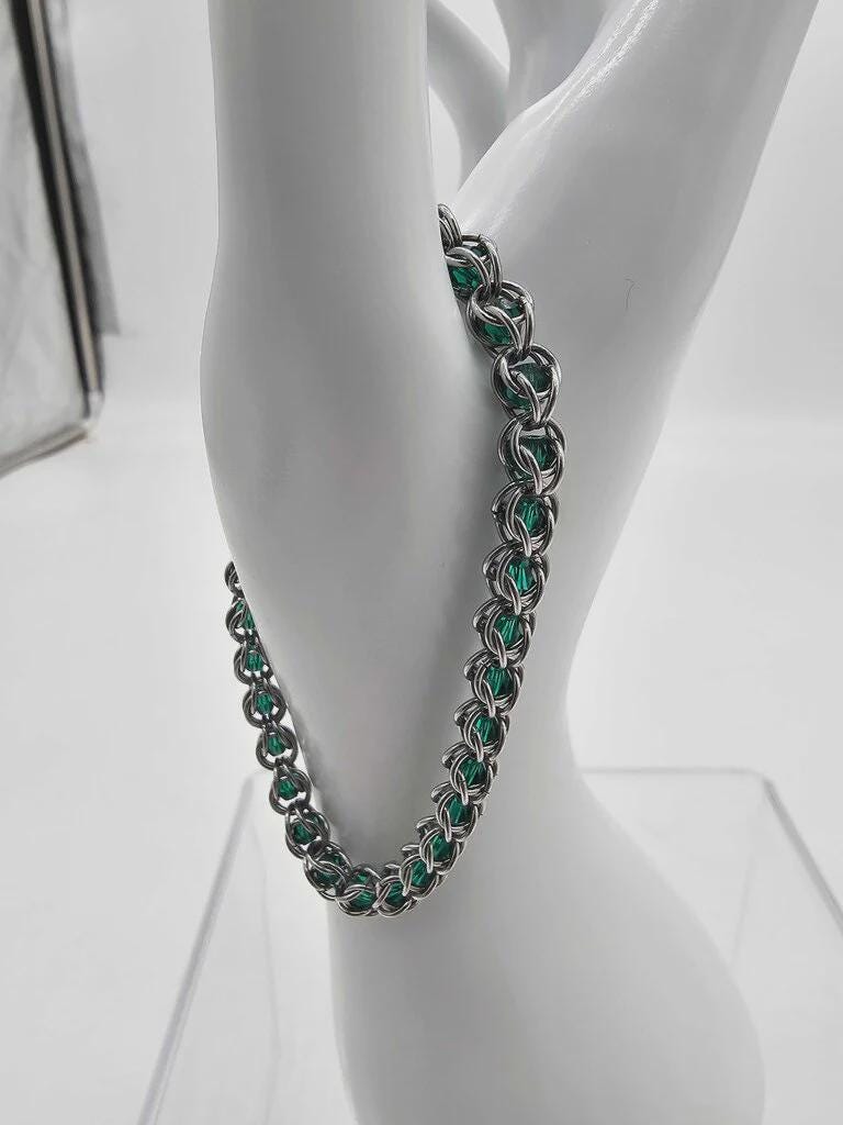 Emerald Green Crystal Chainmail Bracelet | Stainless Steel with Captured Beads