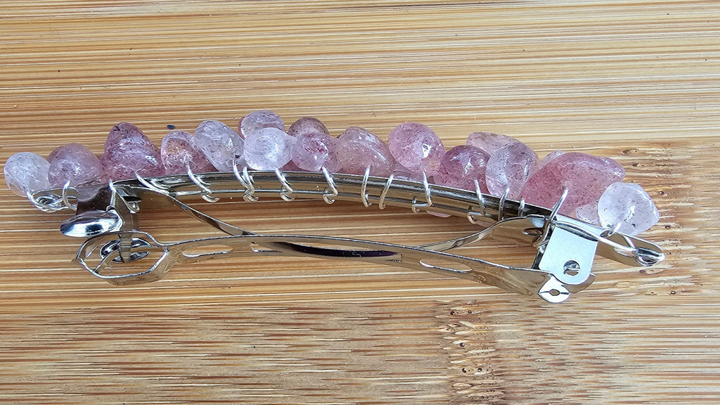 Strawberry Quartz Crystal Chip Barrette | Wire Wrapped Hair Clip - Gray Cat Manor Designs