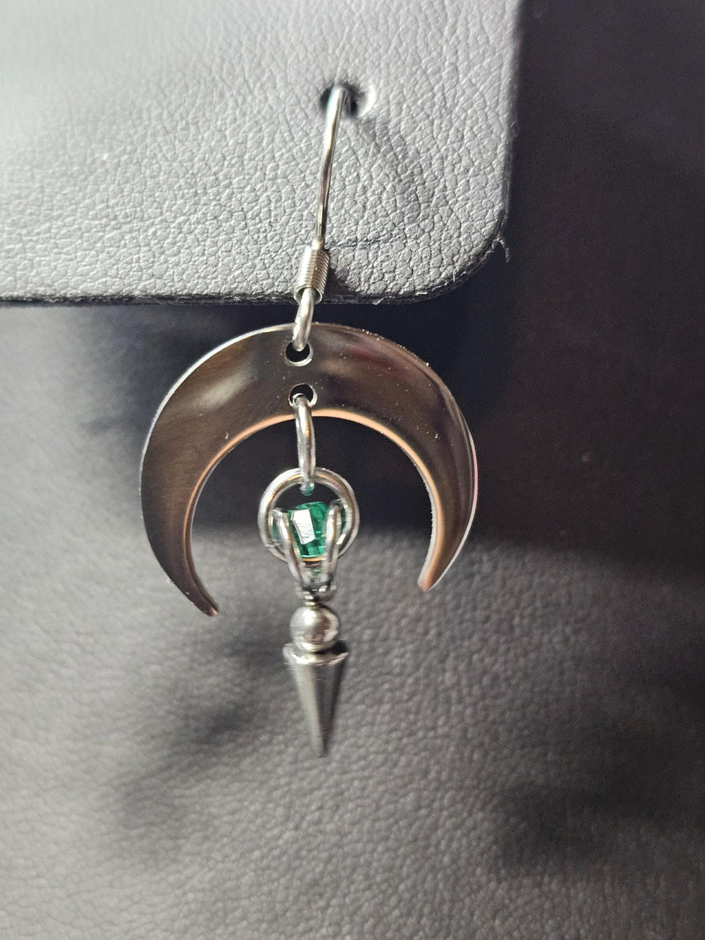 Crescent Moon Goddess Earrings | Stainless Steel Spike & Crystal Caged Bead – Custom Color
