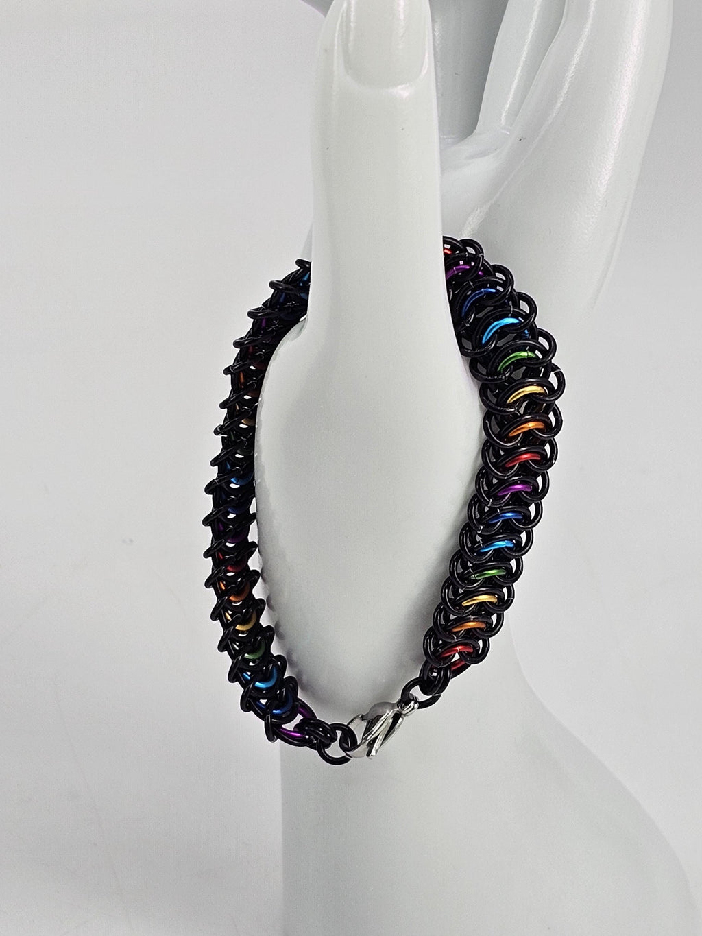 LGBTQIA Pride Chainmail Bracelet & Anklet | Black & Rainbow Vertebrae Weave - Gray Cat Manor Designs