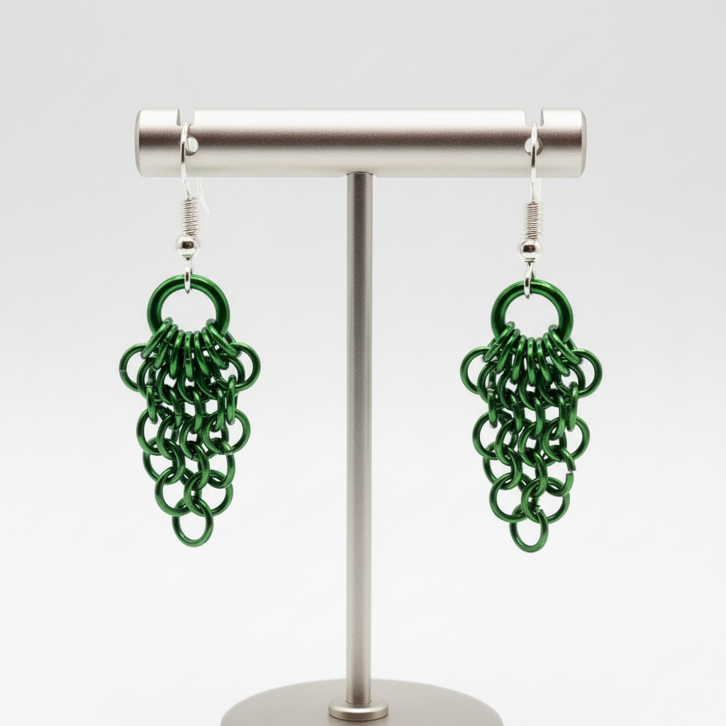 Green Chainmail Fan Earrings on Display Stand