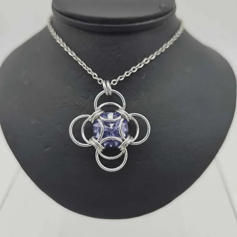 "Morning Star" Crystal Birthstone Chainmail Pendant | Handmade Medieval Witchy Necklace