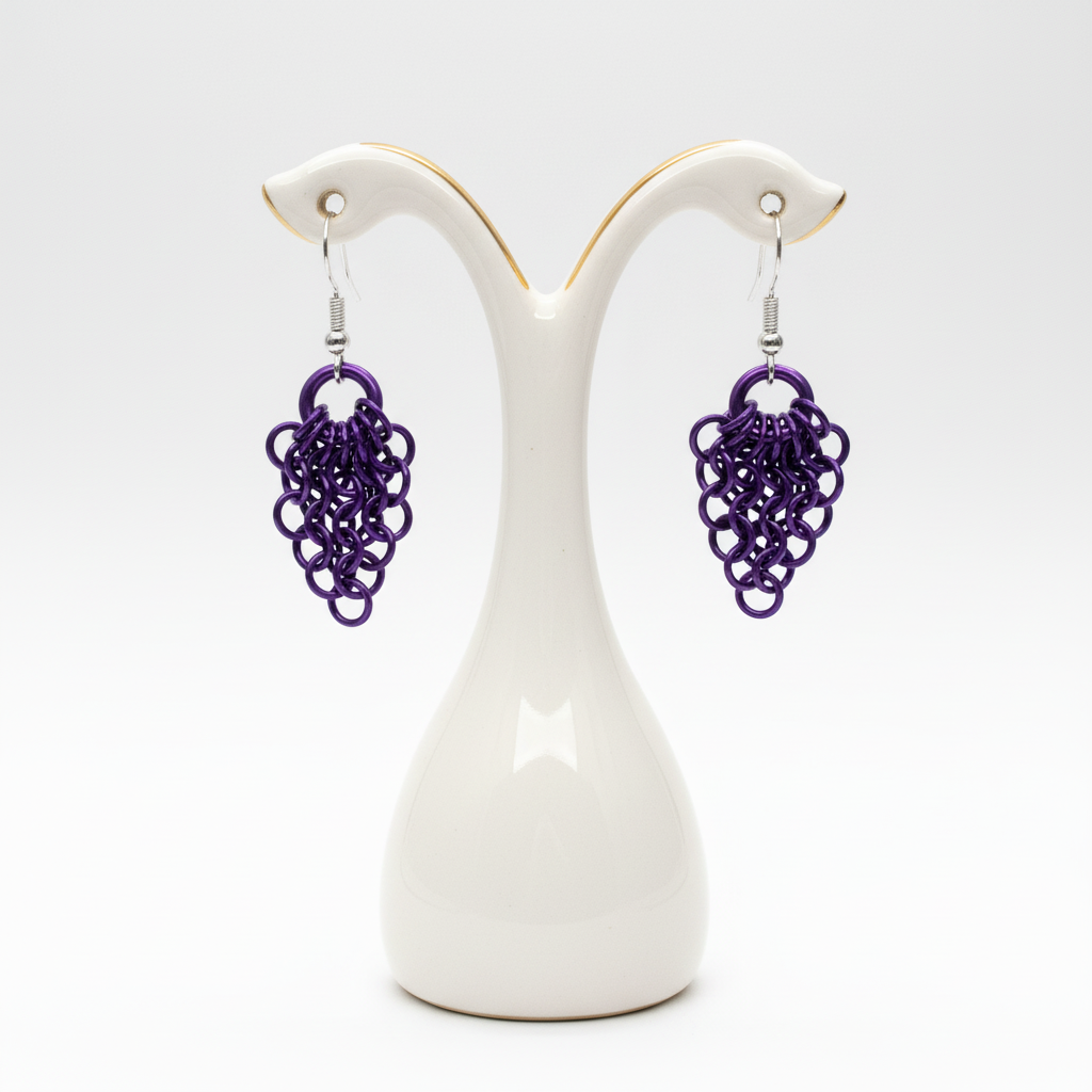 Purple Chainmail Fan Earrings on Display Stand