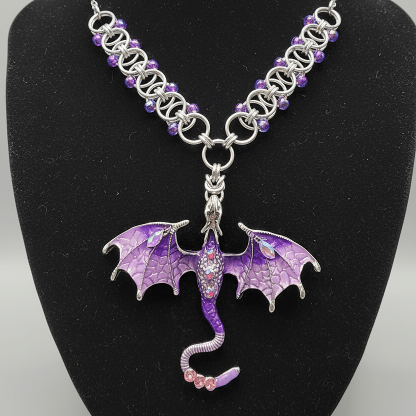 Purple & Silver Dragon Chainmail Choker | Handmade Helm Weave Statement Necklace - Gray Cat Manor Designs