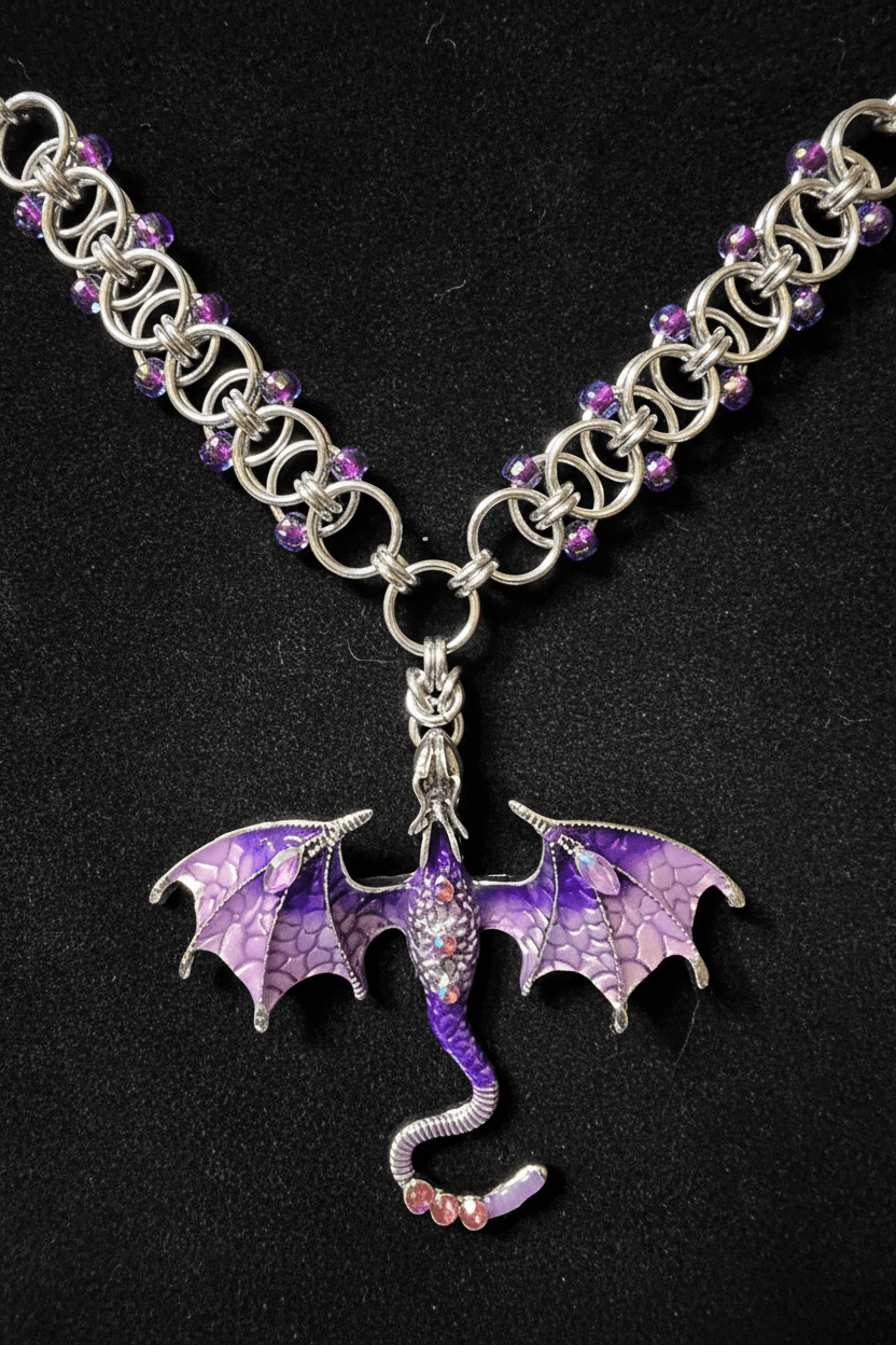 Purple & Silver Dragon Chainmail Choker | Handmade Helm Weave Statement Necklace - Gray Cat Manor Designs