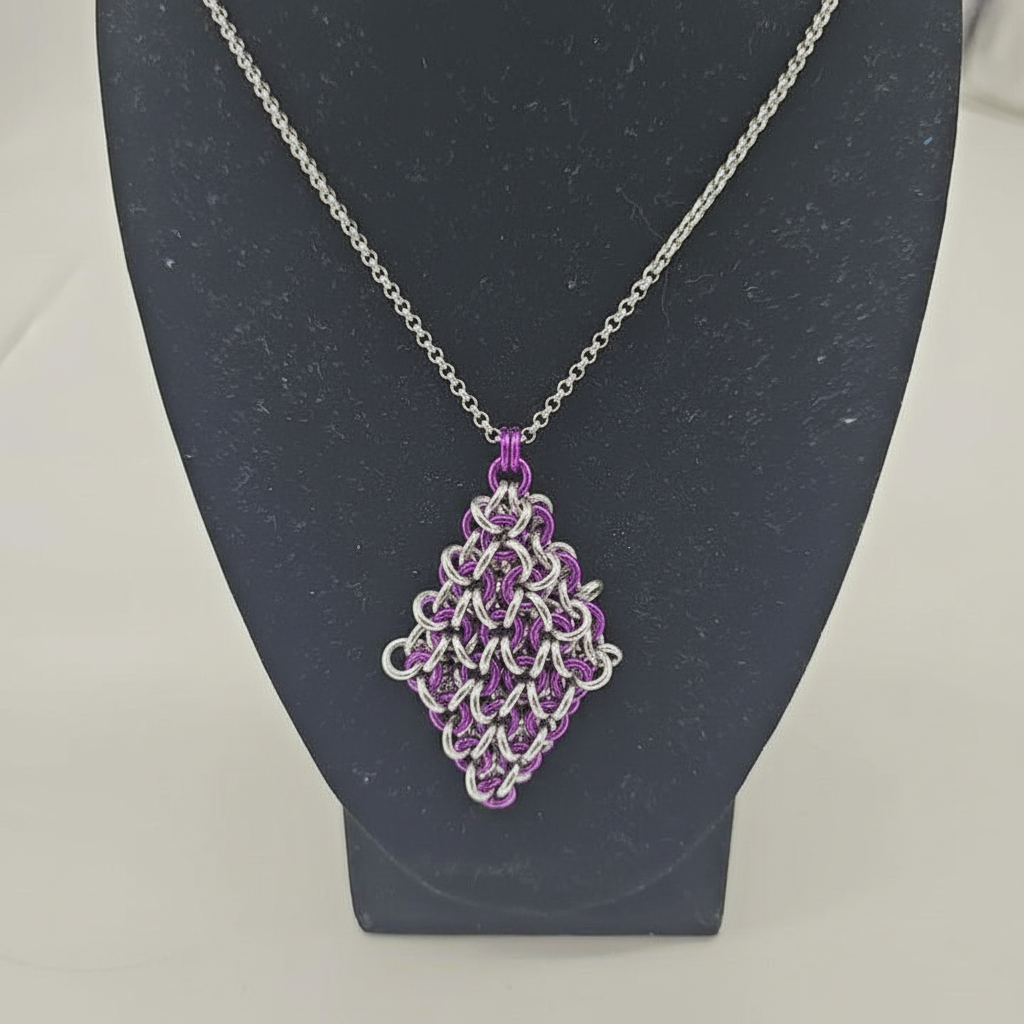 Purple Silver Chainmail Diamond Pendant Necklace