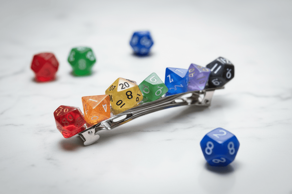 Rainbow Polyhedral Dice Barrette | TTRPG Gamer Hair Clip with Full Dice Set - Gray Cat Manor Designs