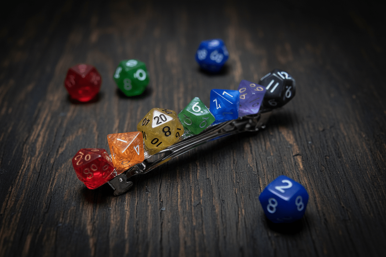Rainbow Polyhedral Dice Barrette | TTRPG Gamer Hair Clip with Full Dice Set - Gray Cat Manor Designs