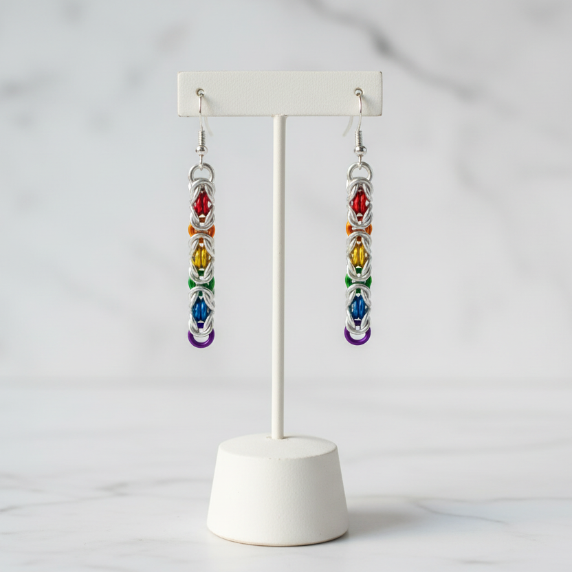 Rainbow Pride Byzantine Chainmail Earrings - clean lifestyle version
