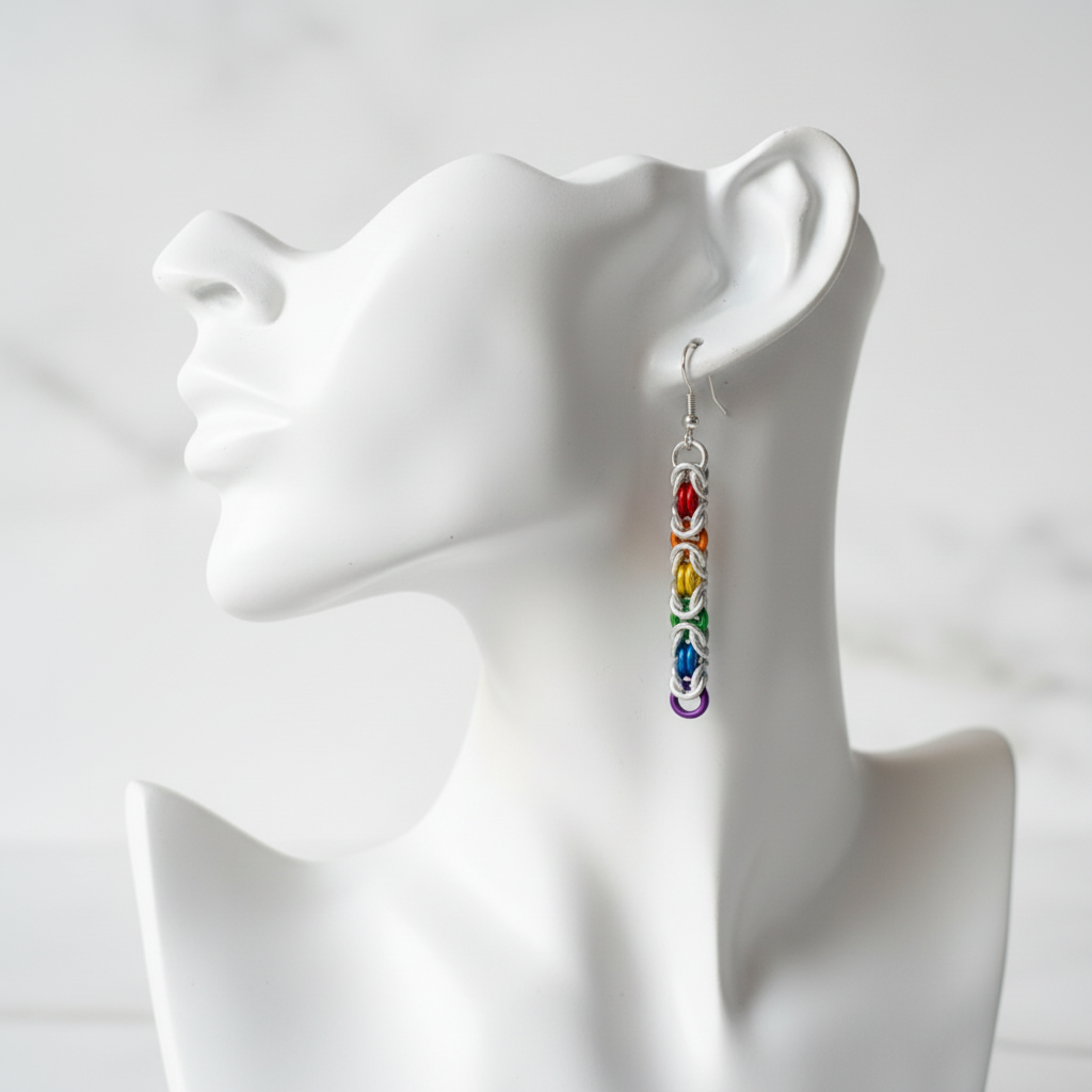 Rainbow Pride Byzantine Chainmail Earrings on Mannequin