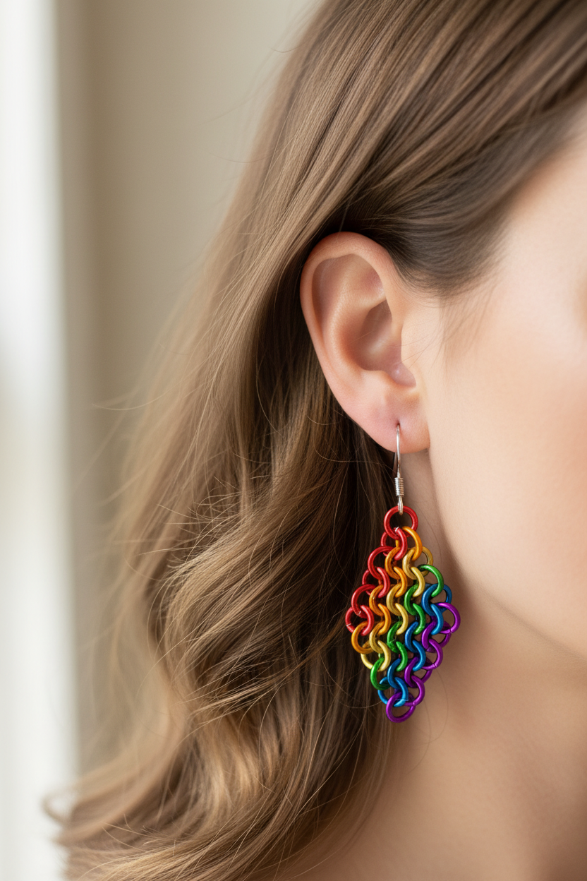 Rainbow Pride Chainmail Earrings on a Person