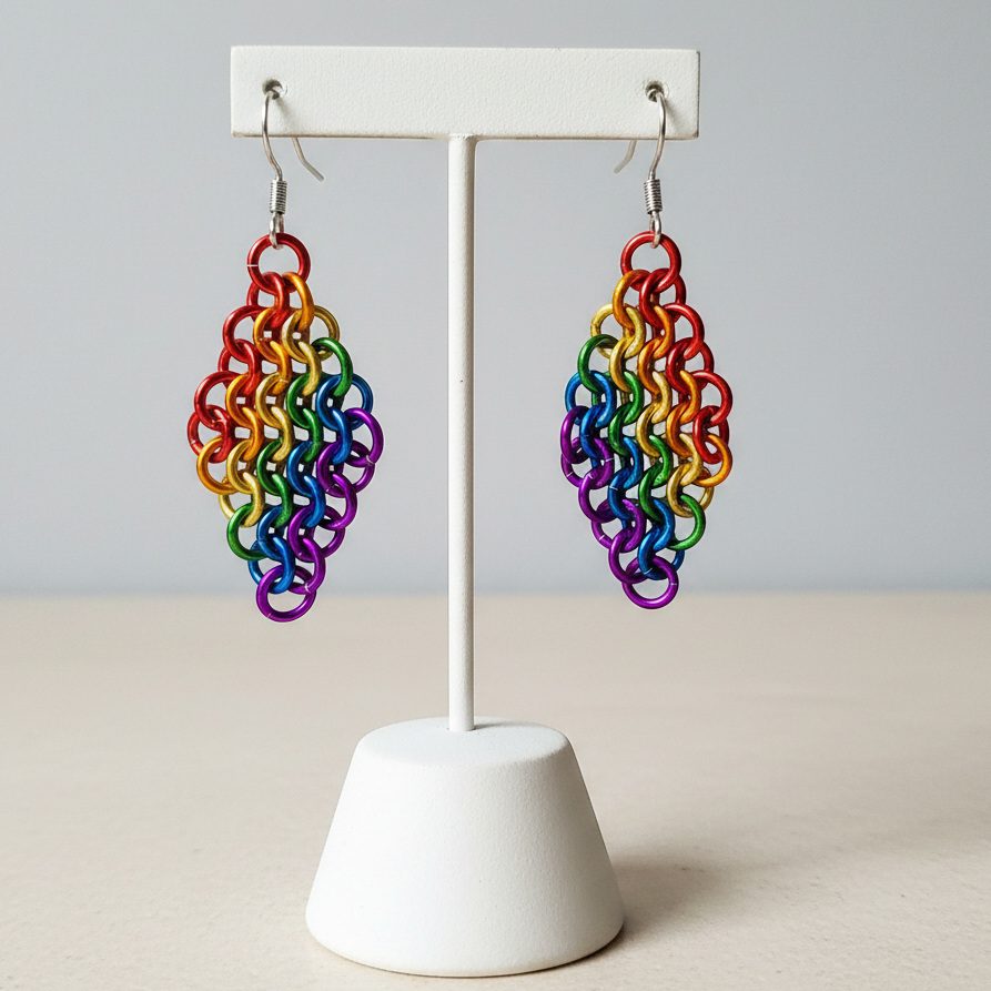 Rainbow Pride Chainmail Earrings on Display Stand