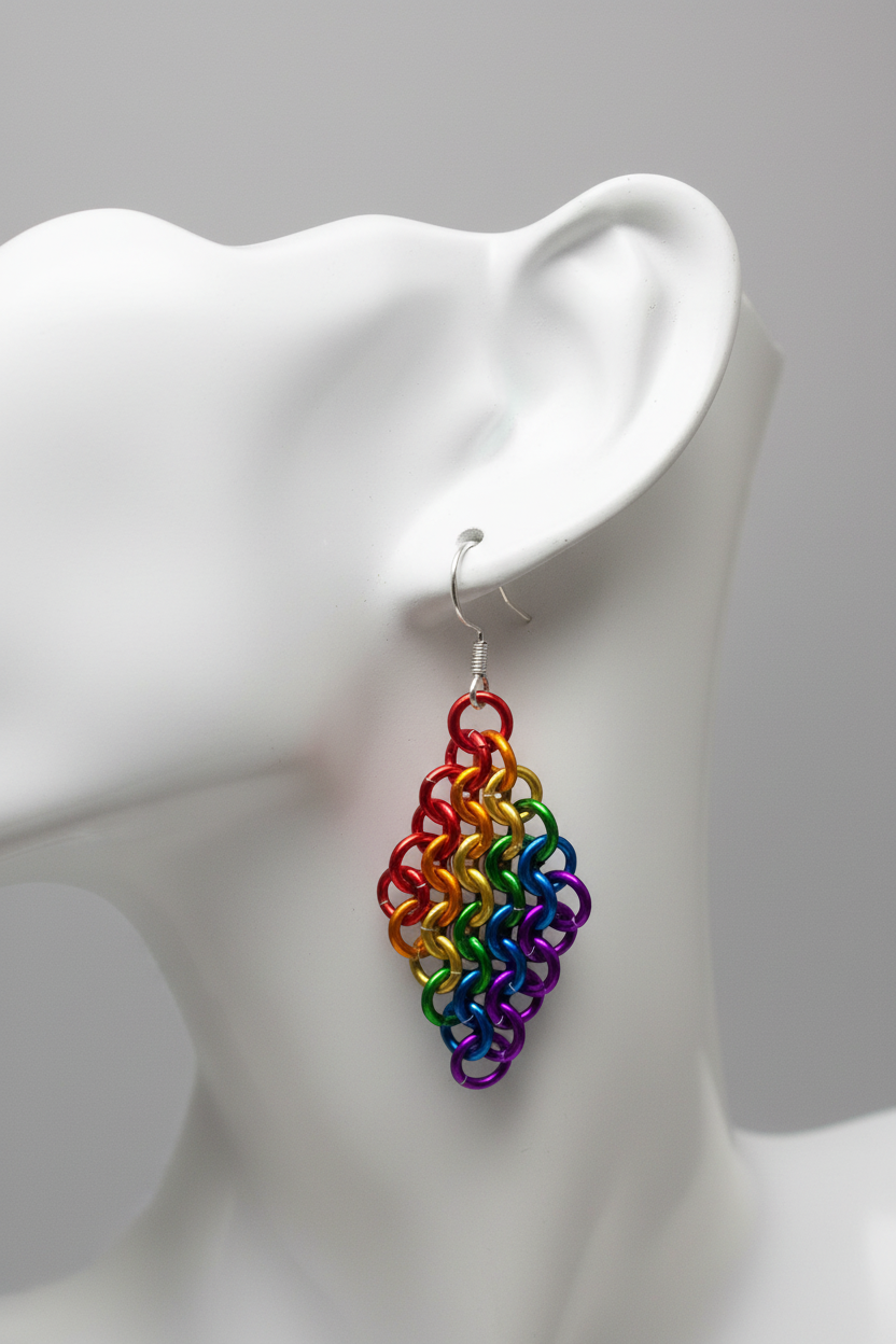 Rainbow Pride Chainmail Earrings on Mannequin