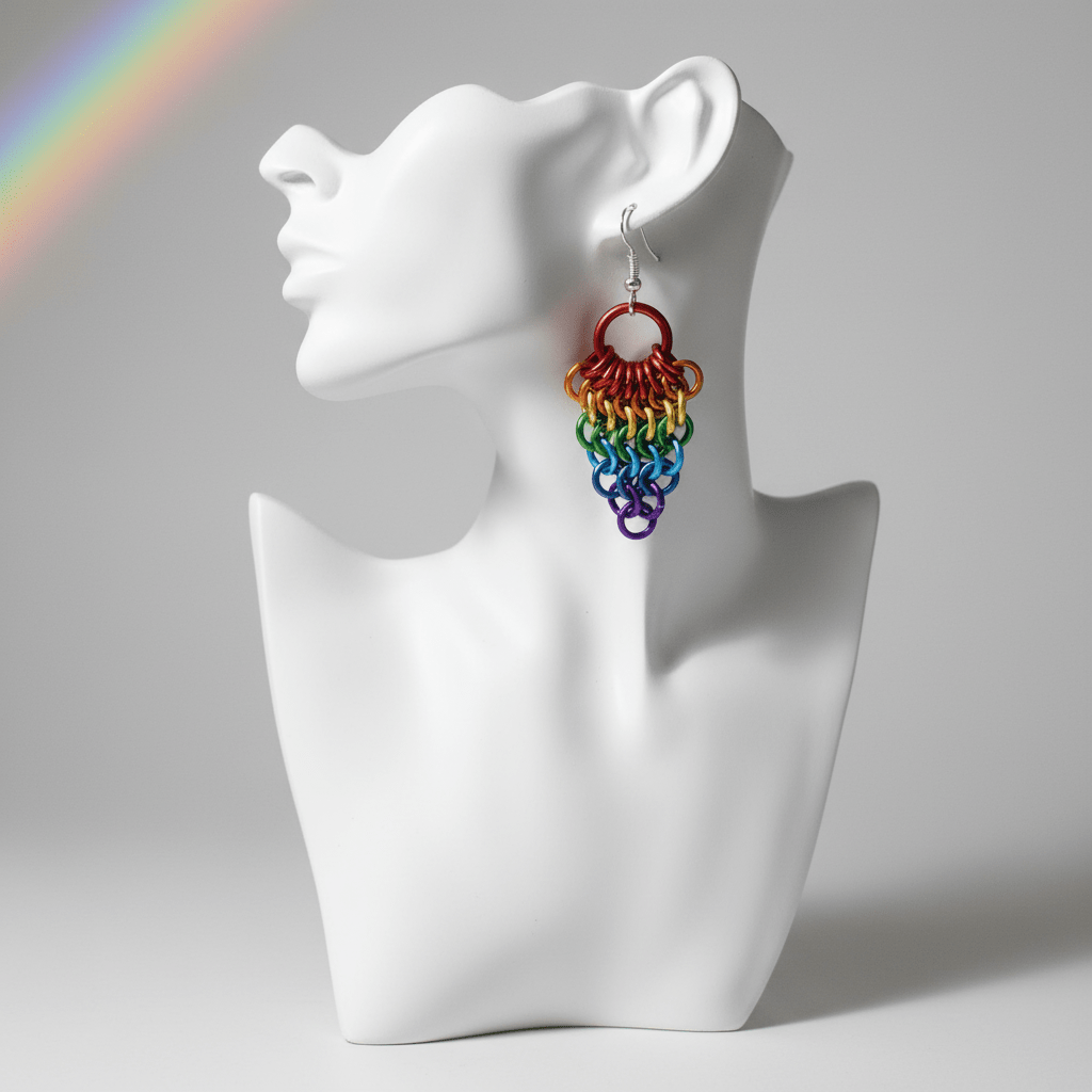 Rainbow Pride Chainmail Fan Earrings | Anodized Aluminum LGBTQ+ Jewelry - Gray Cat Manor Designs