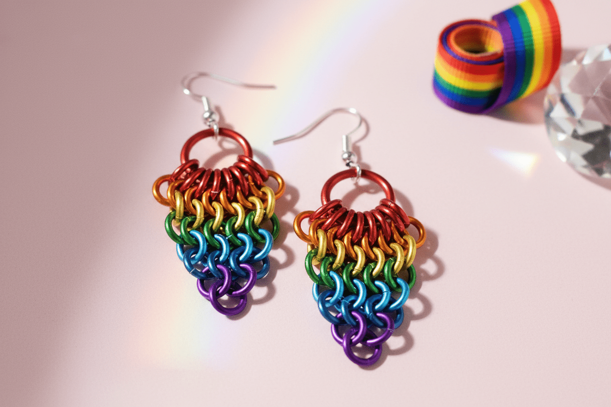 Rainbow Pride Chainmail Fan Earrings | Anodized Aluminum LGBTQ+ Jewelry - Gray Cat Manor Designs