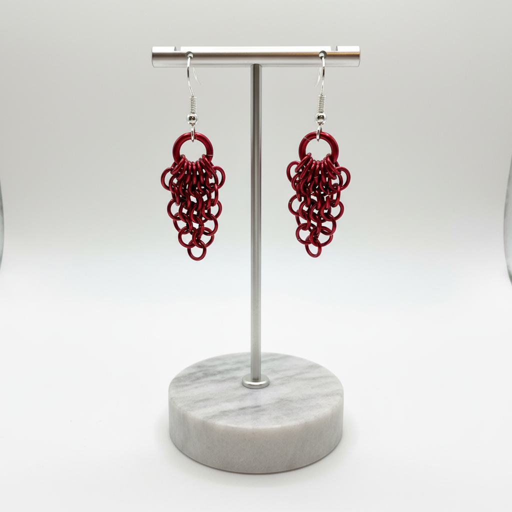 Red Chainmail Fan Earrings on Display Stand