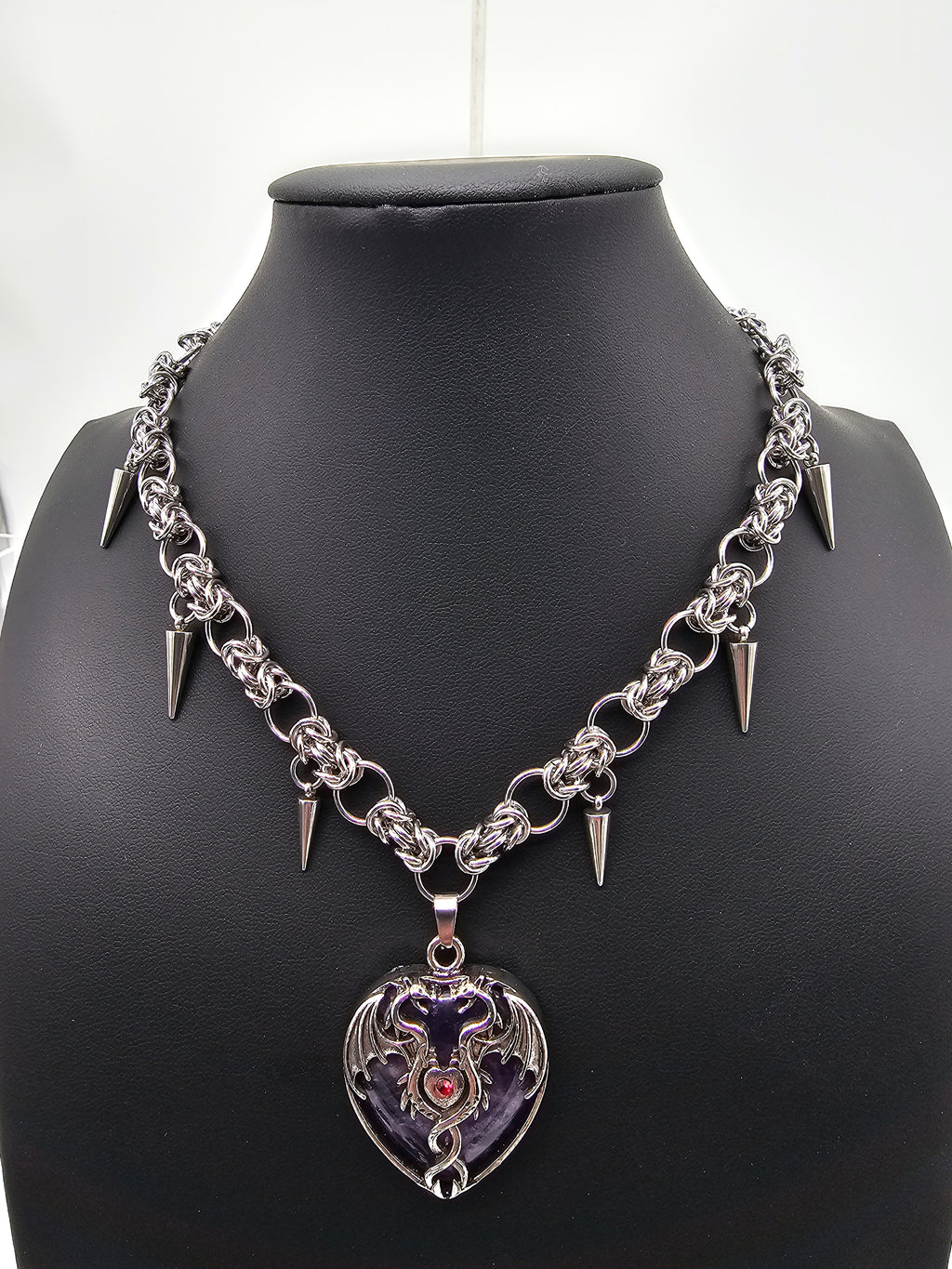 Byzantine Dragon Heart Necklace — Stainless Steel & Amethyst