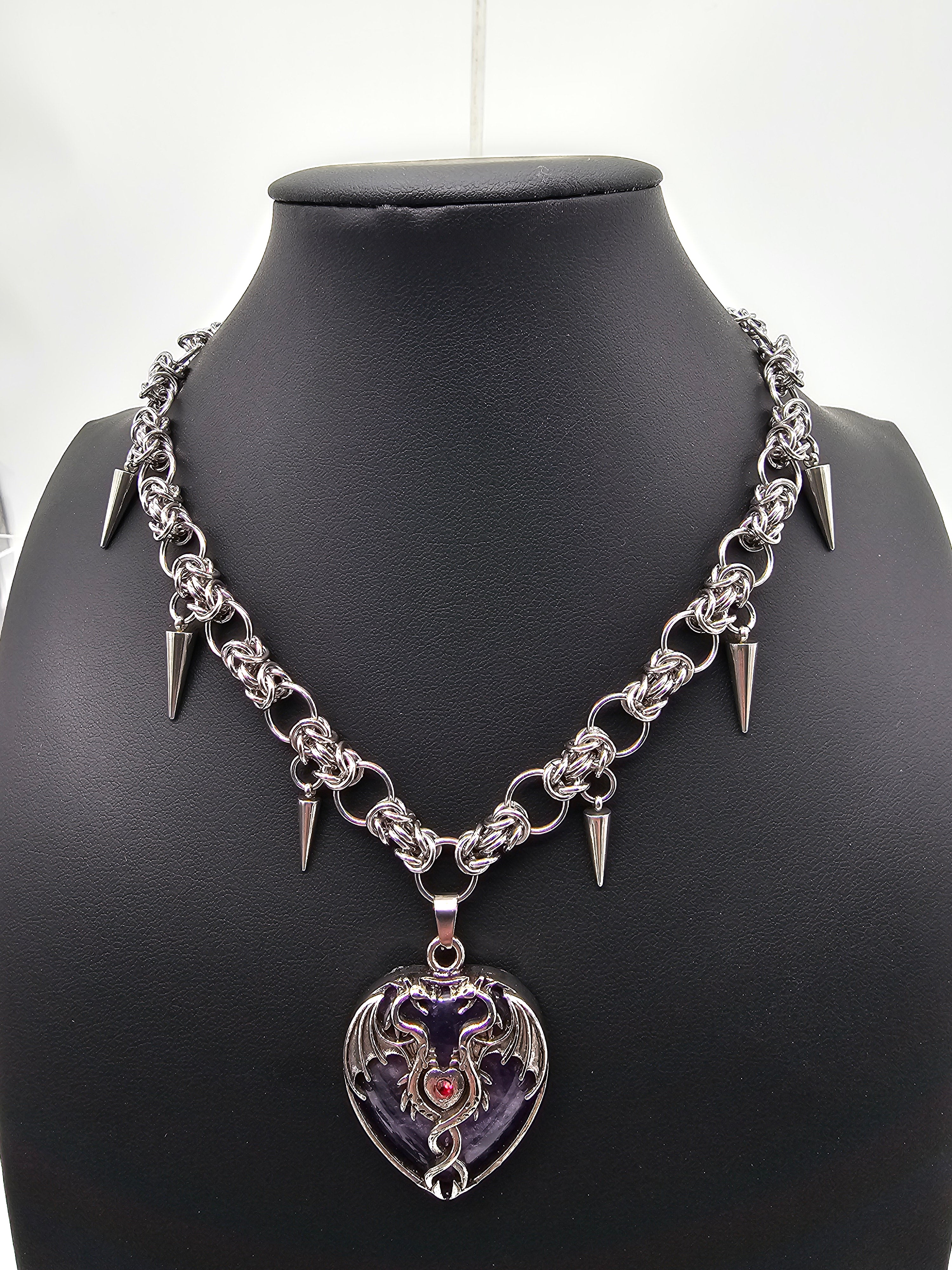 Byzantine Dragon Heart Necklace — Stainless Steel & Amethyst