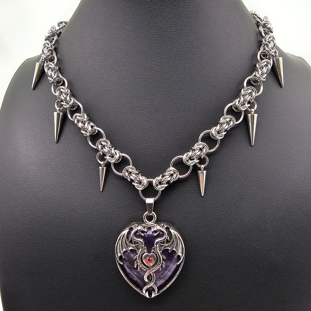 Byzantine Dragon Heart Necklace — Stainless Steel & Amethyst