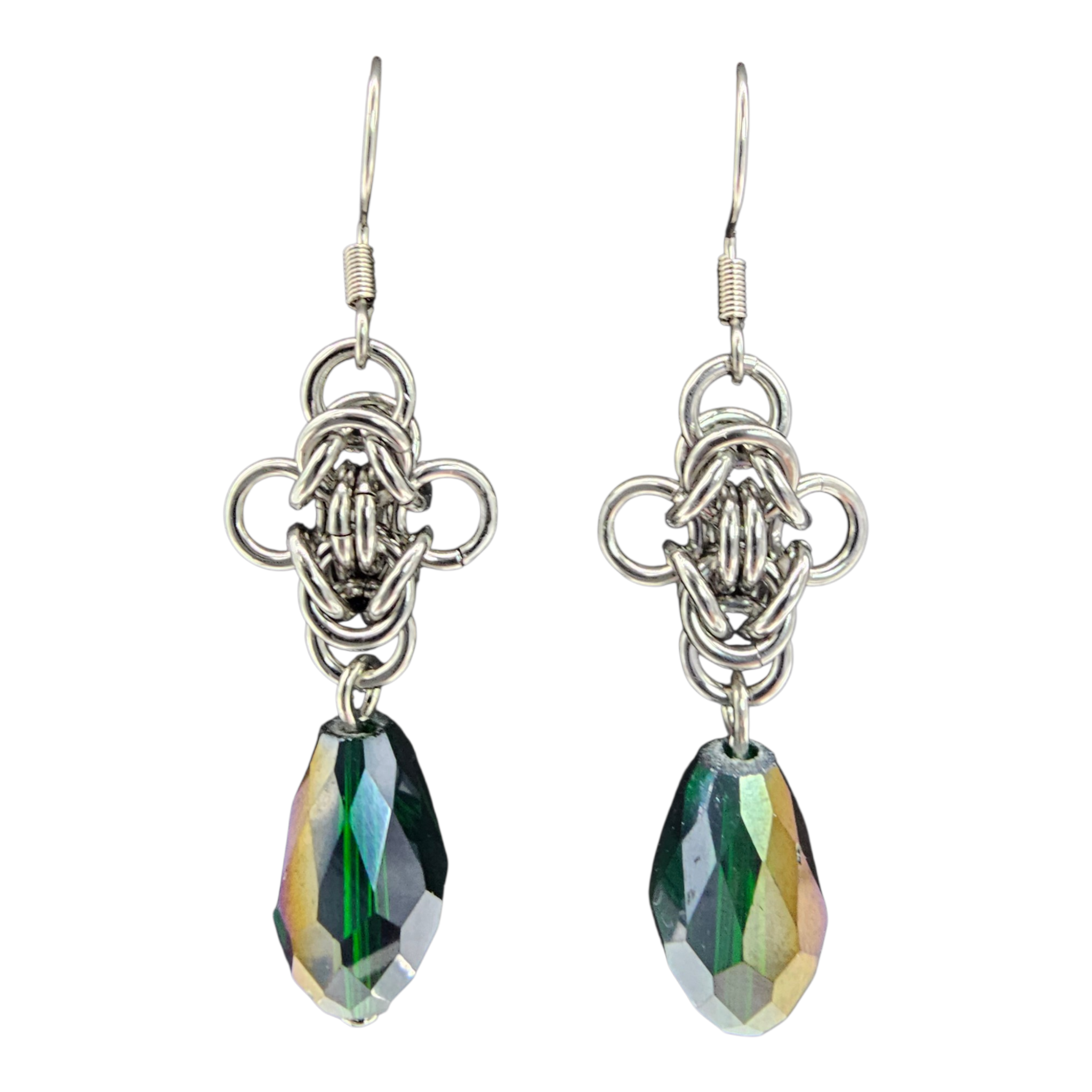 Stainless Steel Byzantine Earrings | Iridescent Green Crystal Drop
